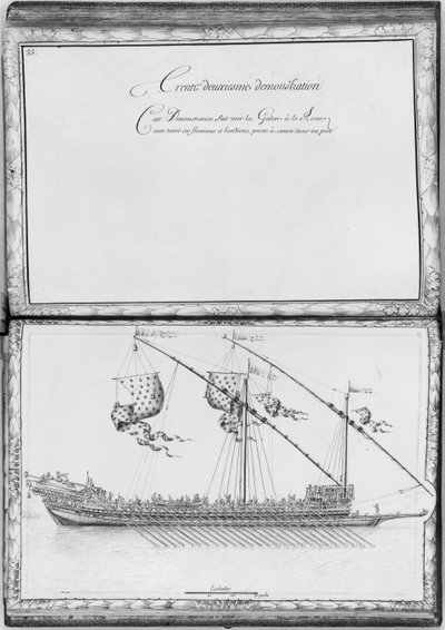 Une galère avec des rames et des drapeaux, trente-deuxième démonstration, planche 33, illustration de 